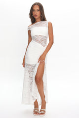 Moonlit Magic Asymmetric Neckline Lace Maxi Dress White
