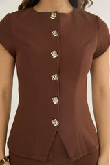 Arlina Cap Sleeve Button Top Chocolate