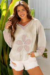 Beige Floral Patched Waffle Textured Colorblock V Neck Casual Hooded Top