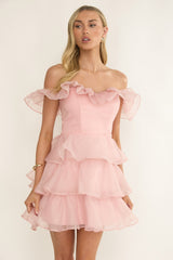 Rosira Off-Shoulder Ruffle Mini Dress Pink