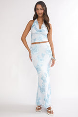 Golden Hours Cowl Halter Top Embellished Light Blue