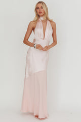 Italia Azure Halterneck Sheer Hem Maxi Dress Blush