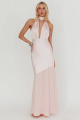 Italia Azure Halterneck Sheer Hem Maxi Dress Blush