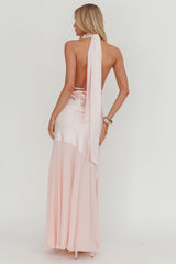 Italia Azure Halterneck Sheer Hem Maxi Dress Blush