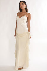 Rivena Rosette Chiffon Drape Maxi Dress Oyster