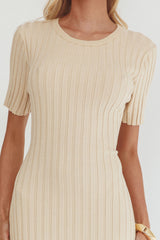 Faylen Waist Tie Ribbed Knit Maxi Dress Cream