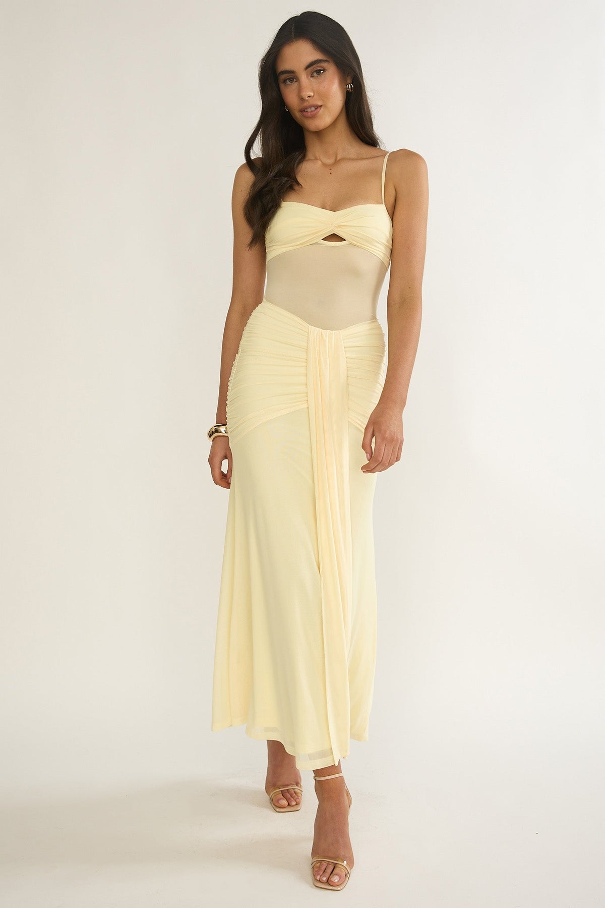 Kamilah Ruched Sheer Waist Maxi Dress Yellow