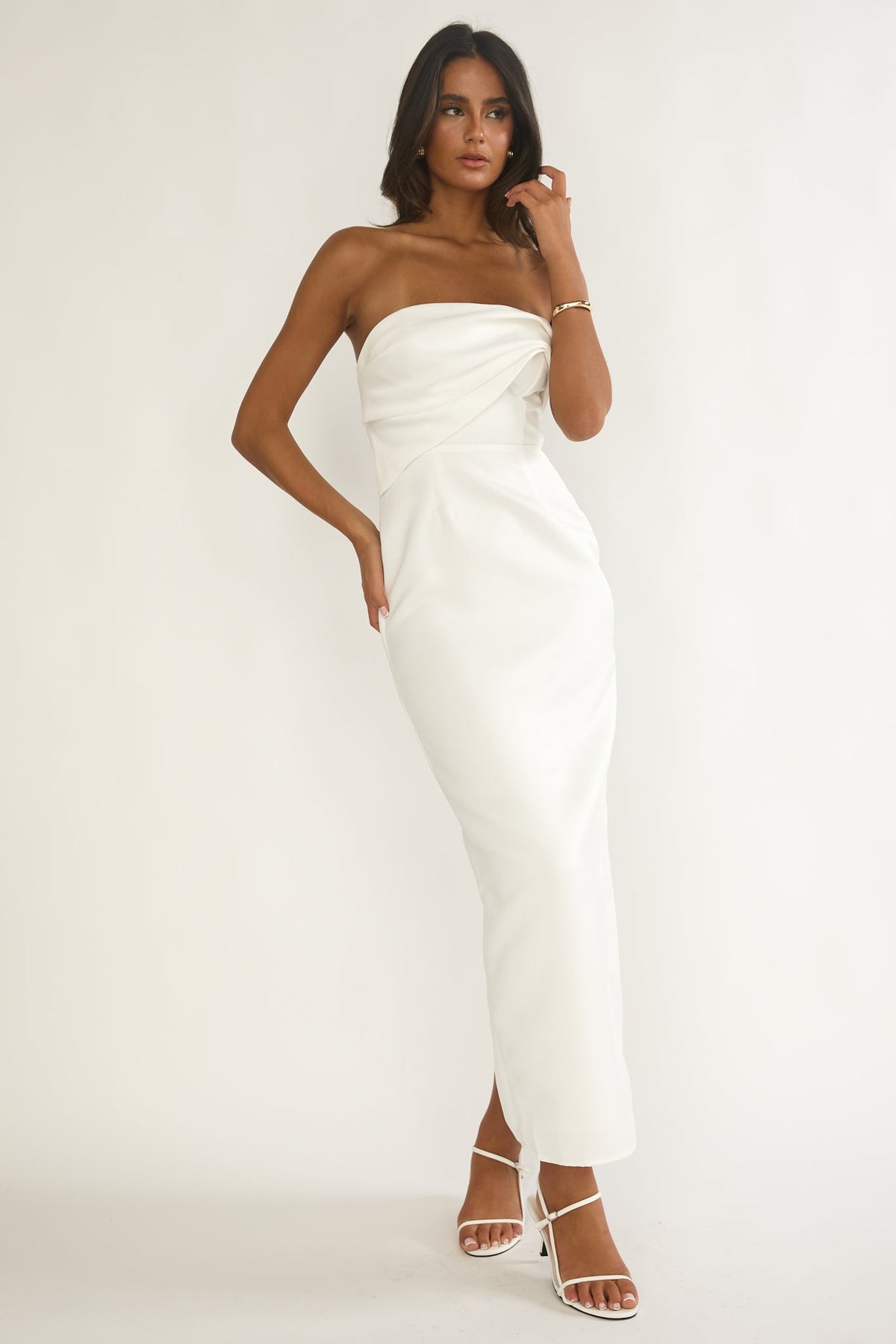 Fleur Sky Strapless Pleat Bust Maxi Dress White