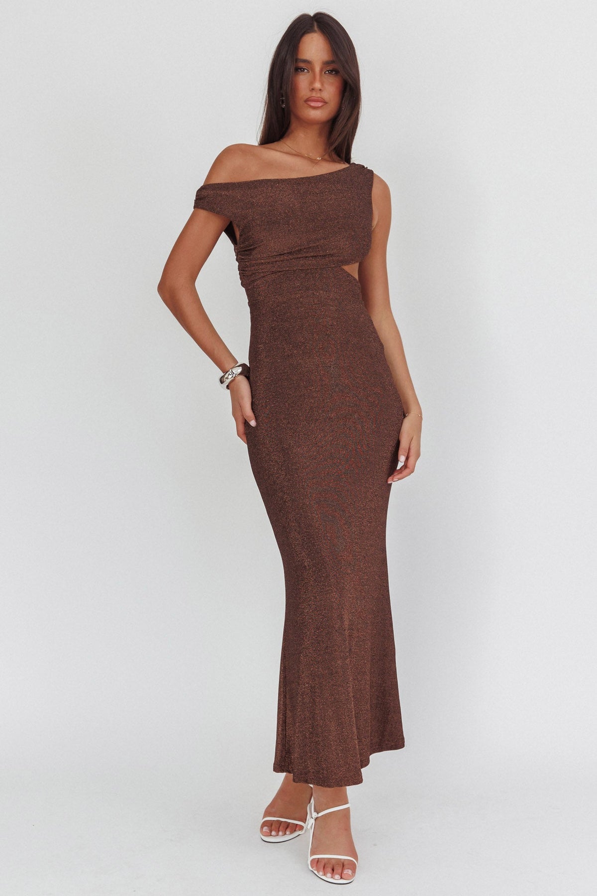 In Blooms Asymmetric Neckline Maxi Dress Shimmer Chocolate
