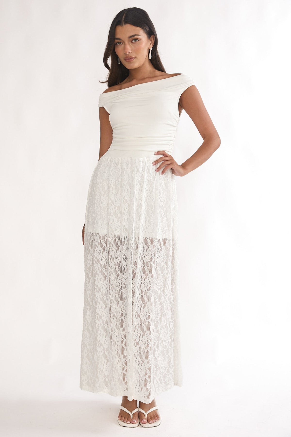 In Blooms Off-Shoulder Lace Maxi Dress White