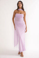 Unforgettable Day Drape Waist Strapless Maxi Dress Lilac