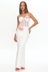 Ismera Sheer Bodice Rosette Maxi Dress White
