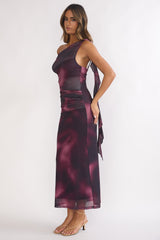 Saffra Shoulder Sash Ruched Maxi Dress Print Wine