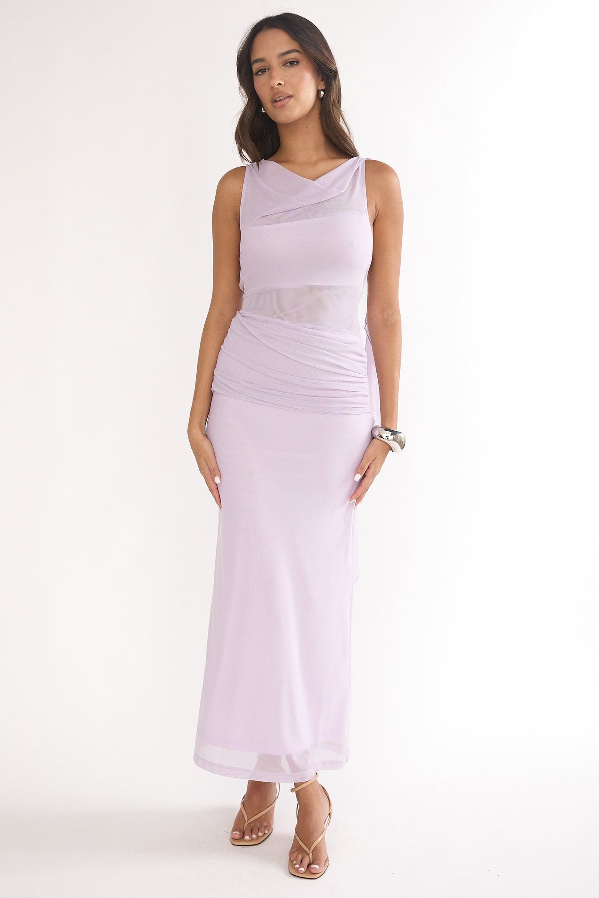 Saffra Shoulder Sash Ruched Maxi Dress Lilac