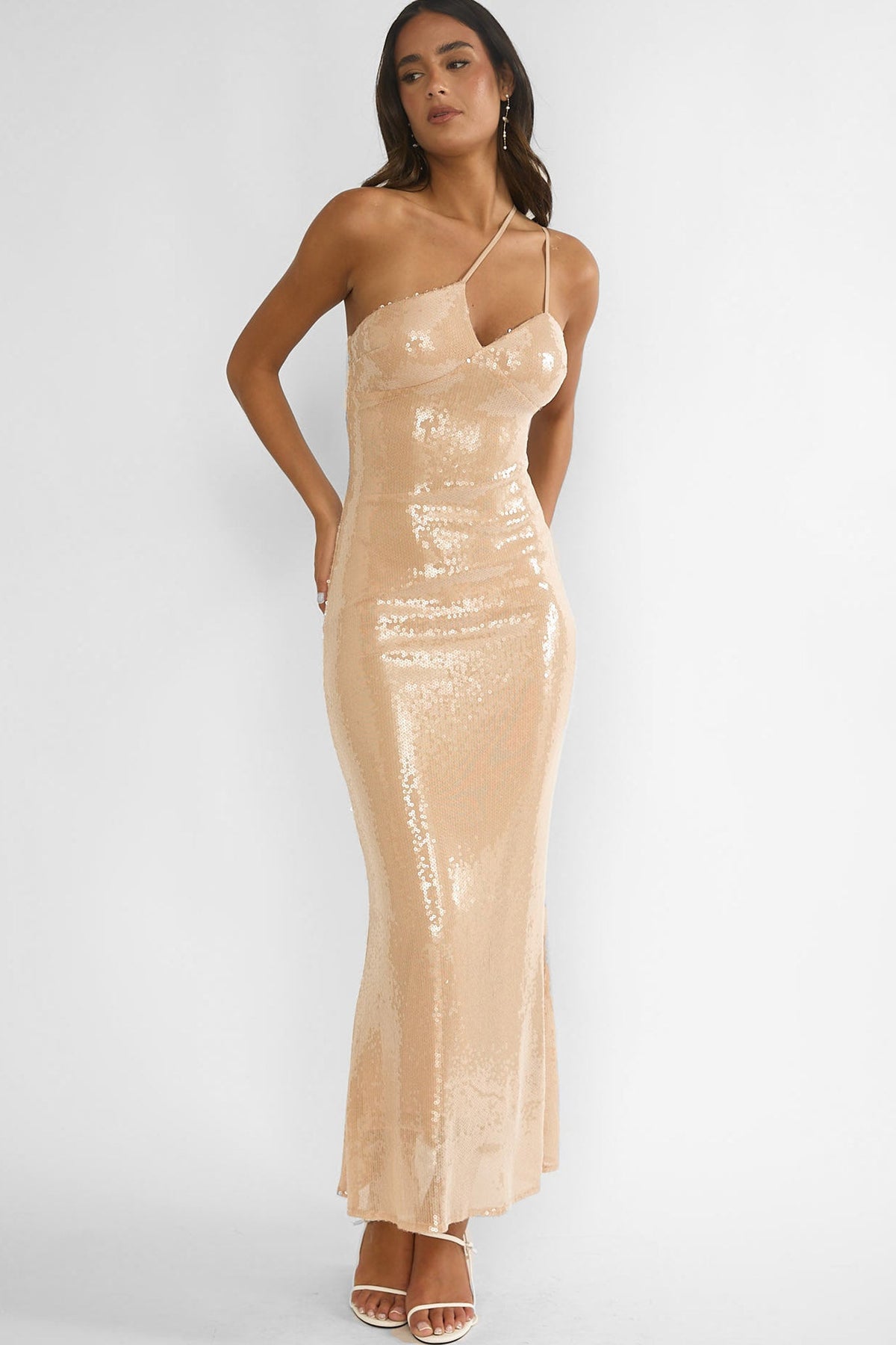 Roselyn One-Shoulder Sequin Maxi Dress Latte