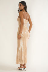 Roselyn One-Shoulder Sequin Maxi Dress Latte