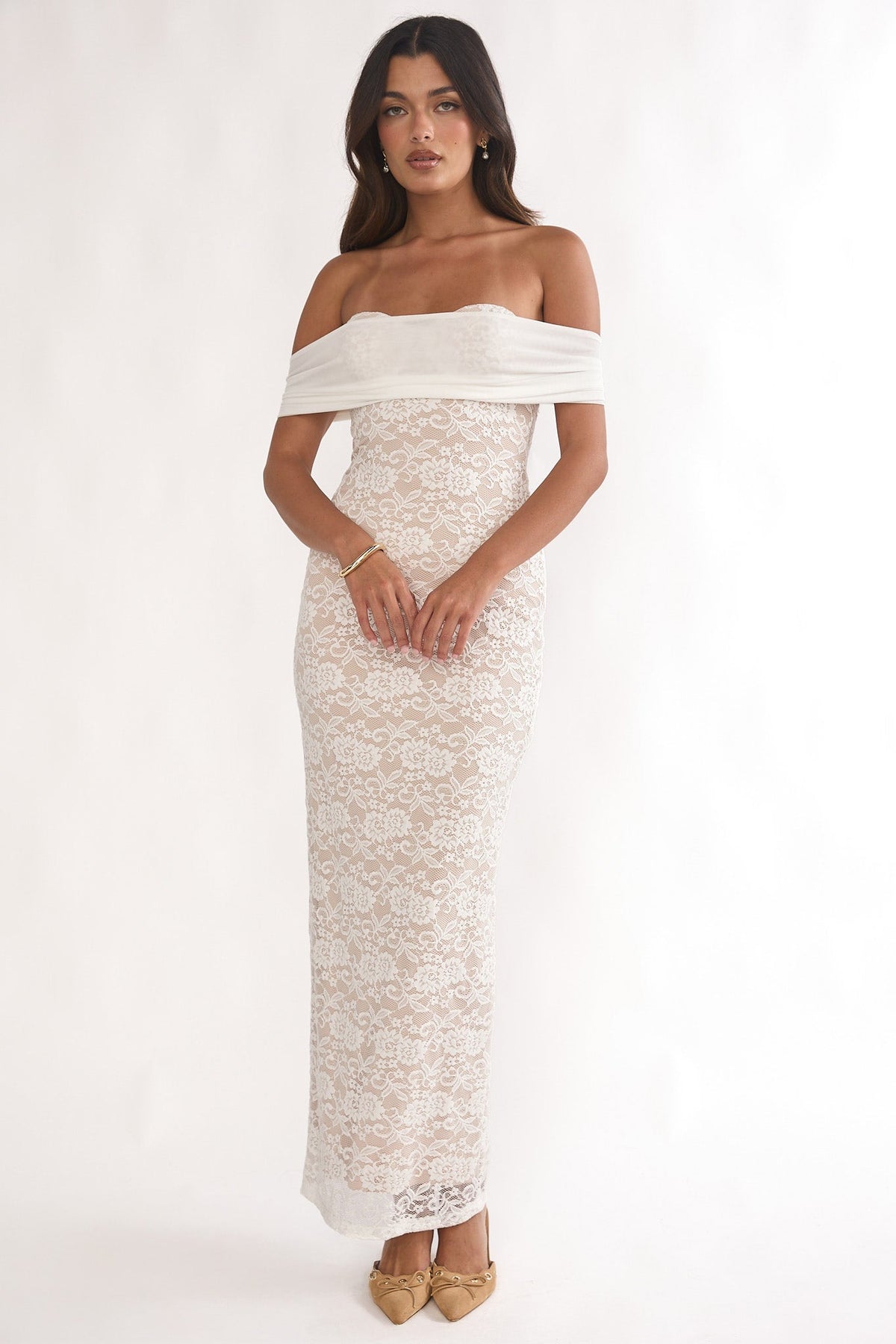 Jewelene Off-Shoulder Maxi Dress Lace White