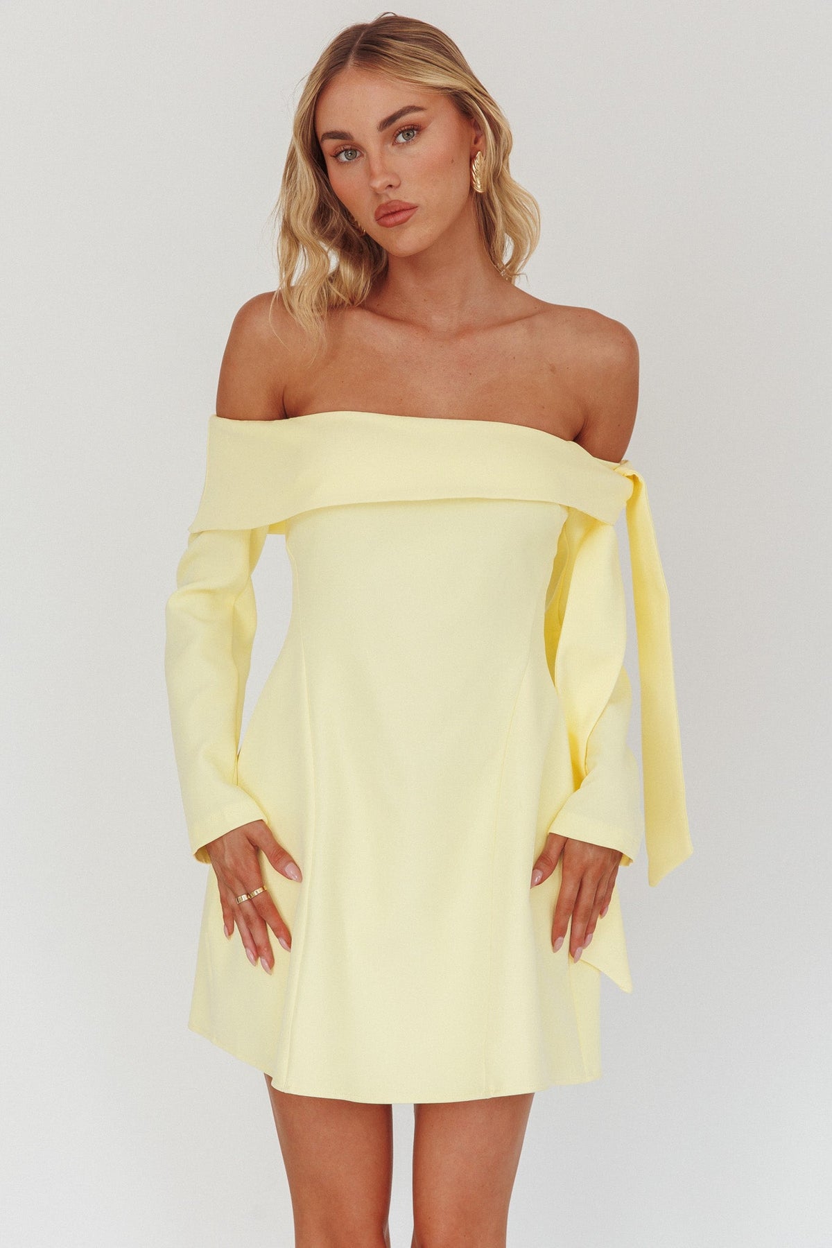 Aurora Sky Off-Shoulder Tie Mini Dress Lemon