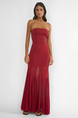Velvet Rope Strapless Mesh Maxi Dress Wine