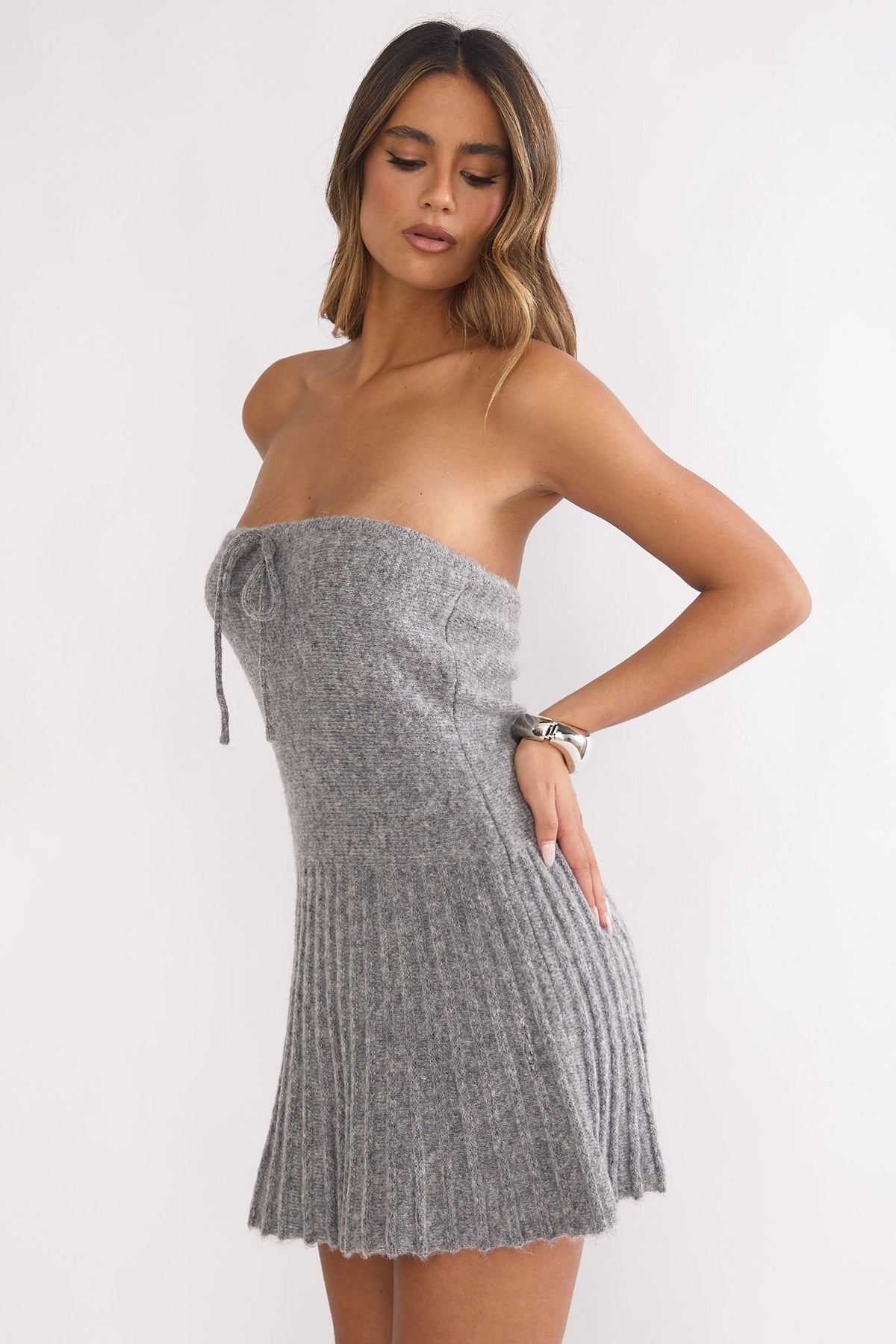 Hollis Strapless Pleat Hem Knit Mini Dress Charocal