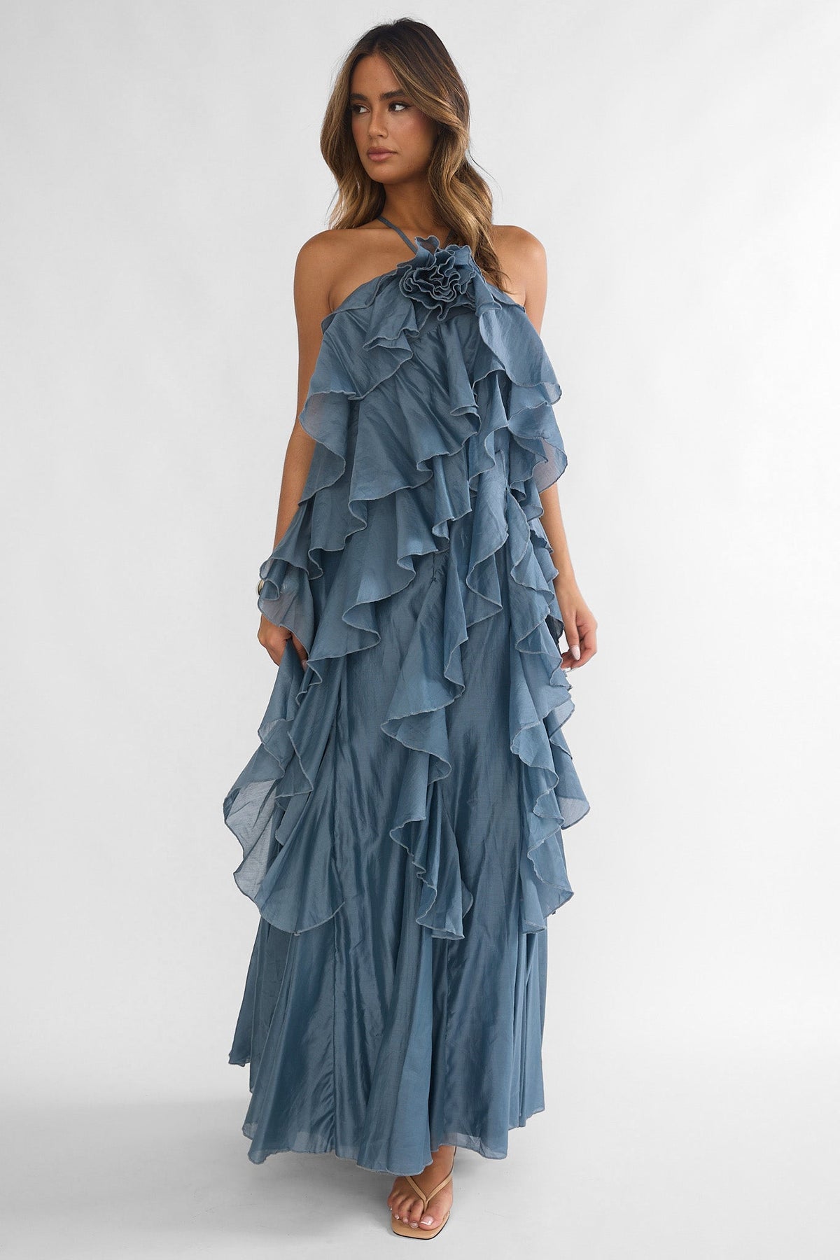 Oceara Ruffle Trim Spaghetti Strap Maxi Dress Slate Blue