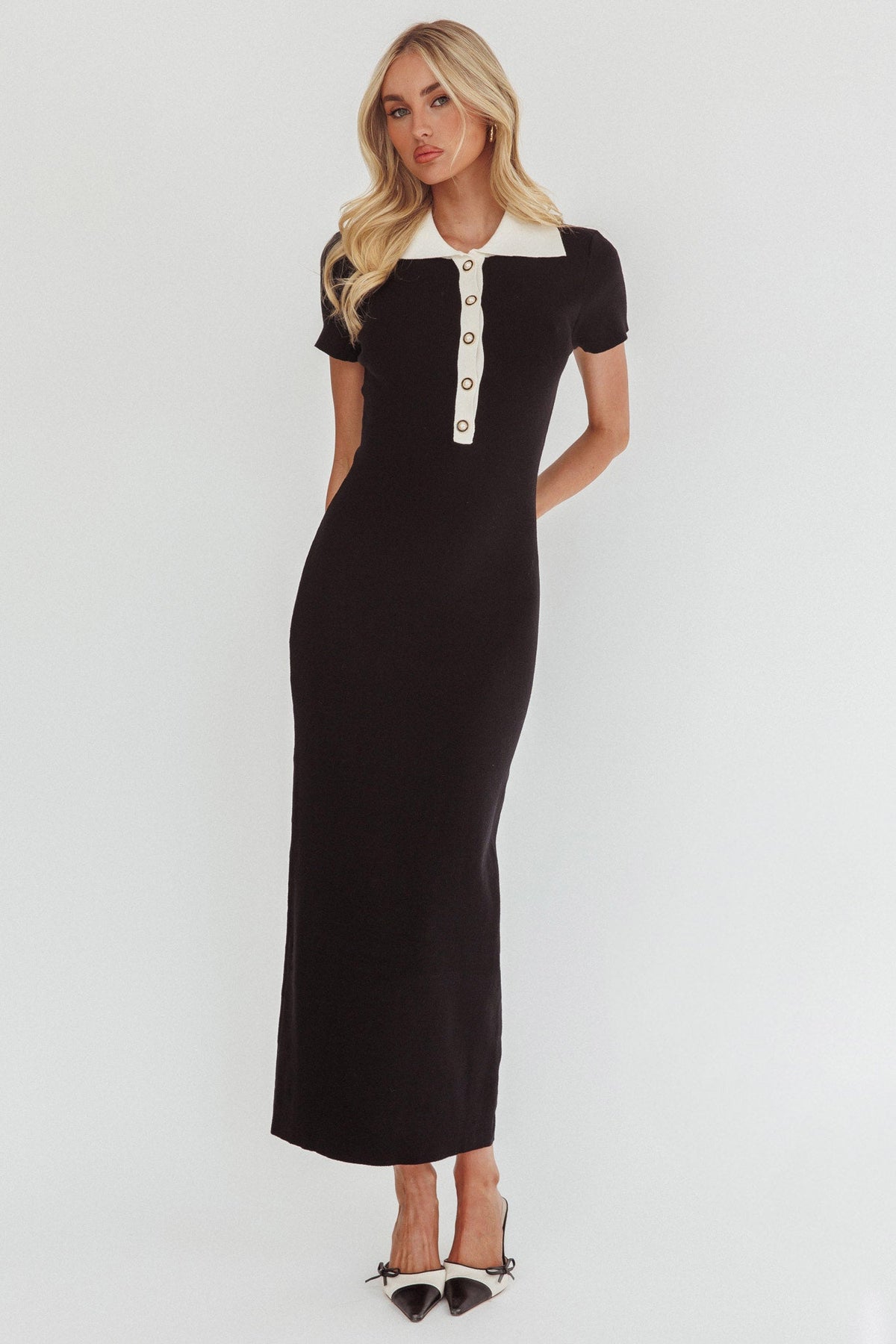 Jessa Mae Button Neckline Knit Maxi Dress Black