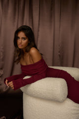 Aloura Off-Shoulder Ribbed Knit Maxi Dress Wine